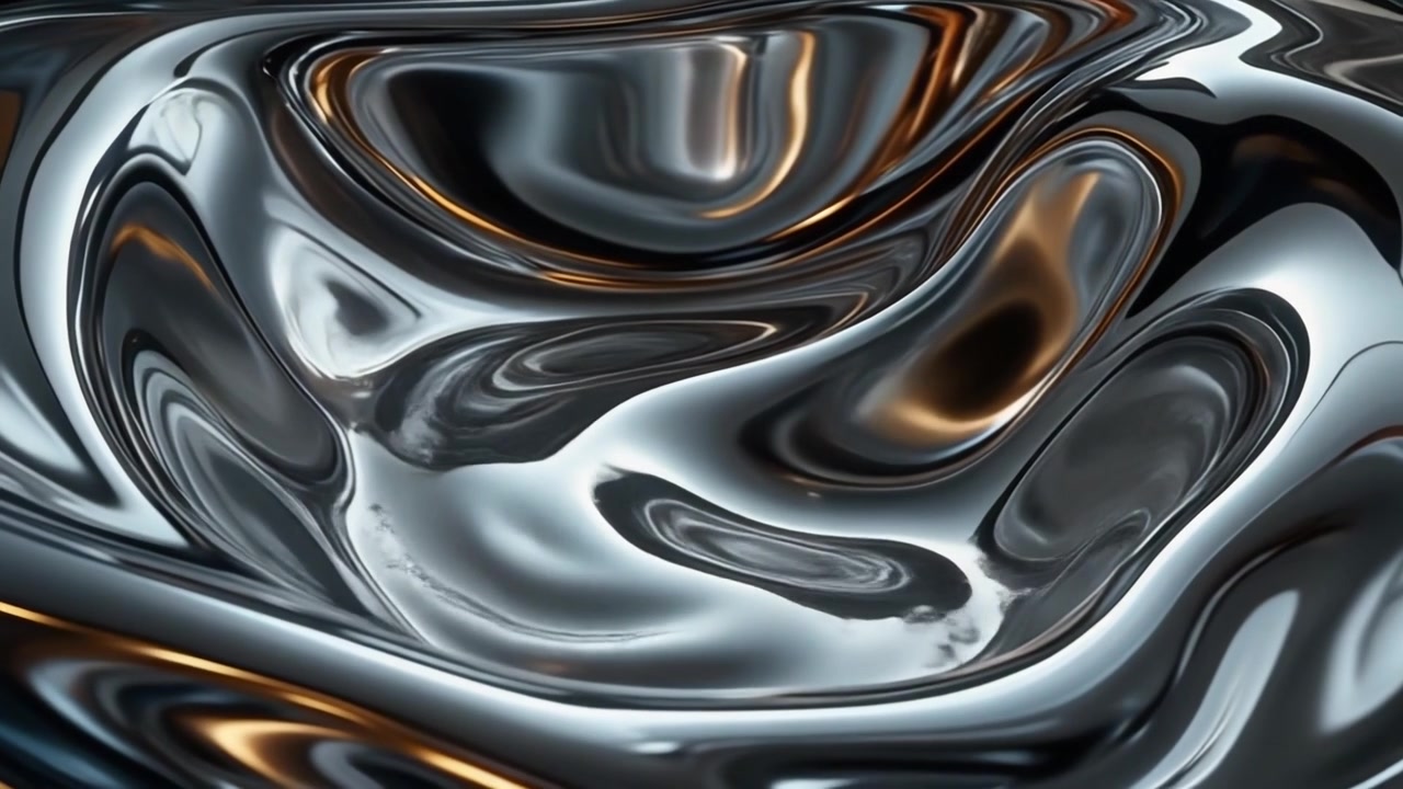 Abstrakt flydende metaloverflade med krusende refleksioner.
