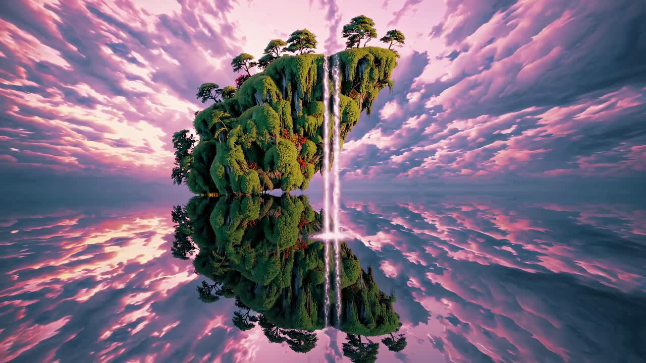 Floating Island Waterfall Sunset