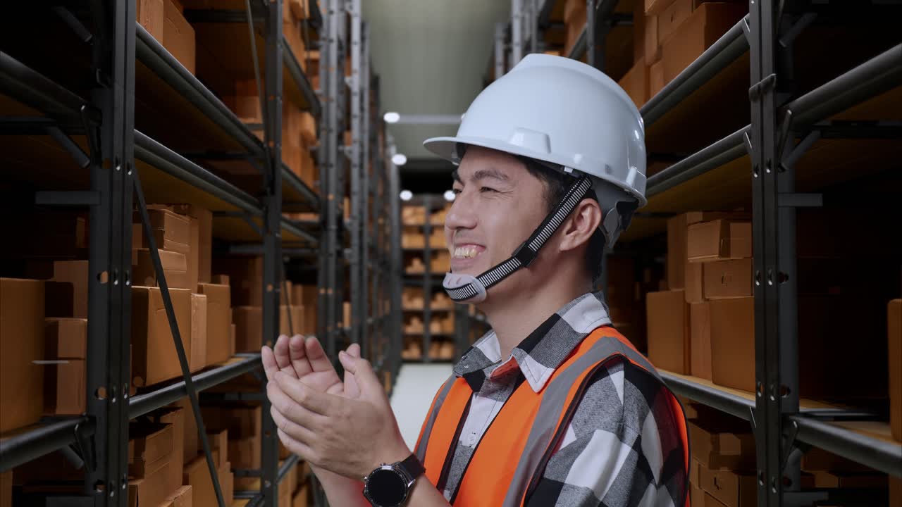 배달 물품으로 가득 찬 선반을 가진 창고에 서있는 안전 헬을 입은 아시아 남성 엔지니어의 가까운 측면 뷰.