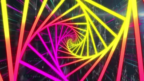 Animation-of-purple-and-yellow-neon-shapes-moving-over-black-digital-space