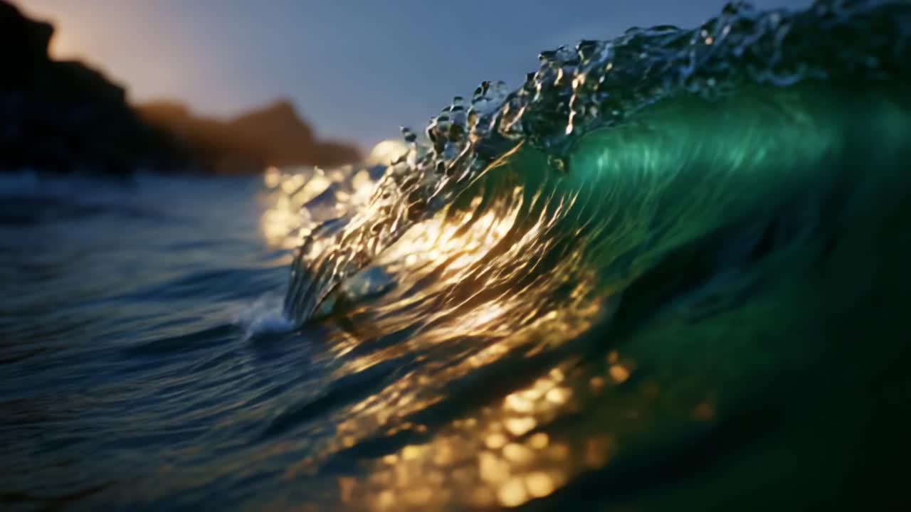 Captivating Waves at Sunset: A Close-Up of Nature's Beauty Enhancing the Shoreline with Glimmering Water and Dynamic Light Reflections