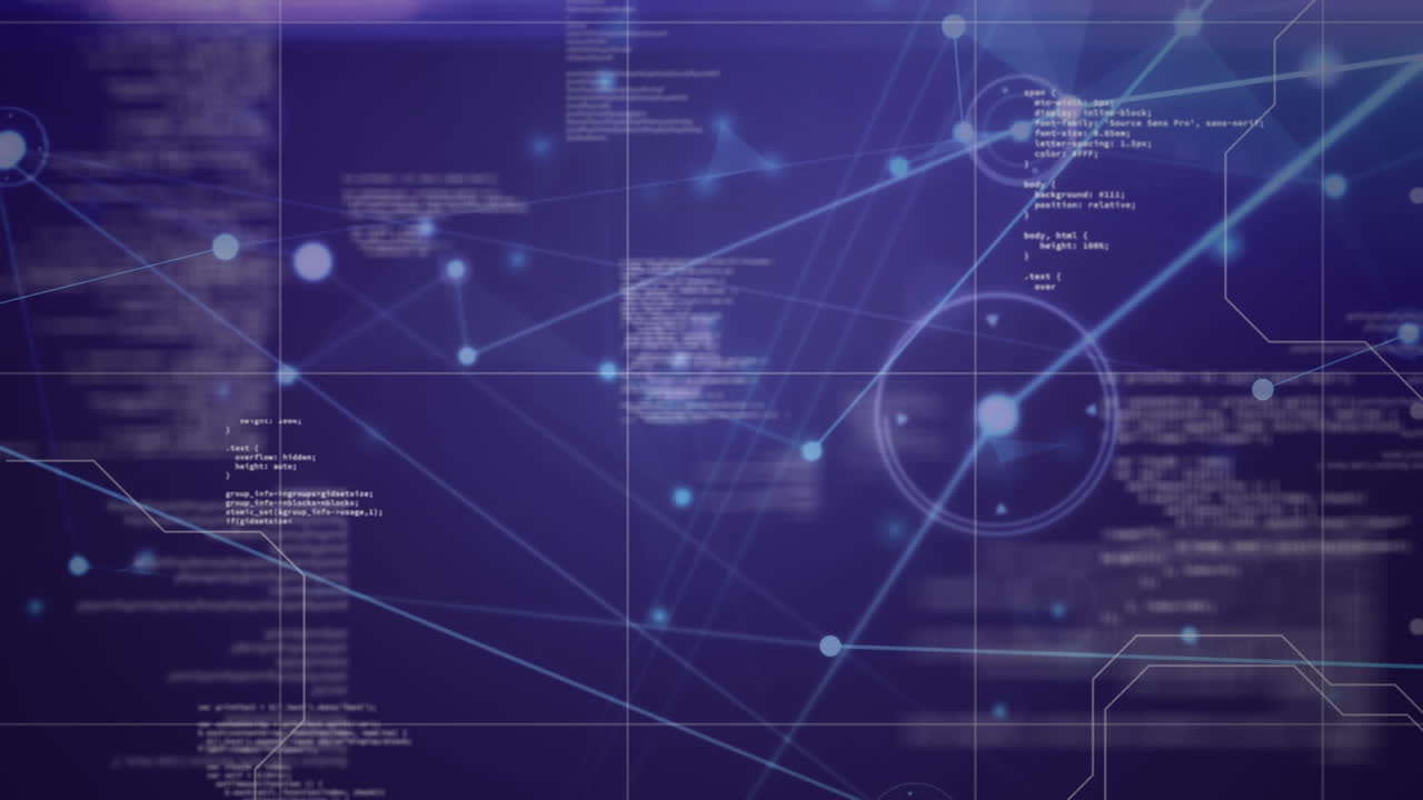 Network of data and connections on purple background