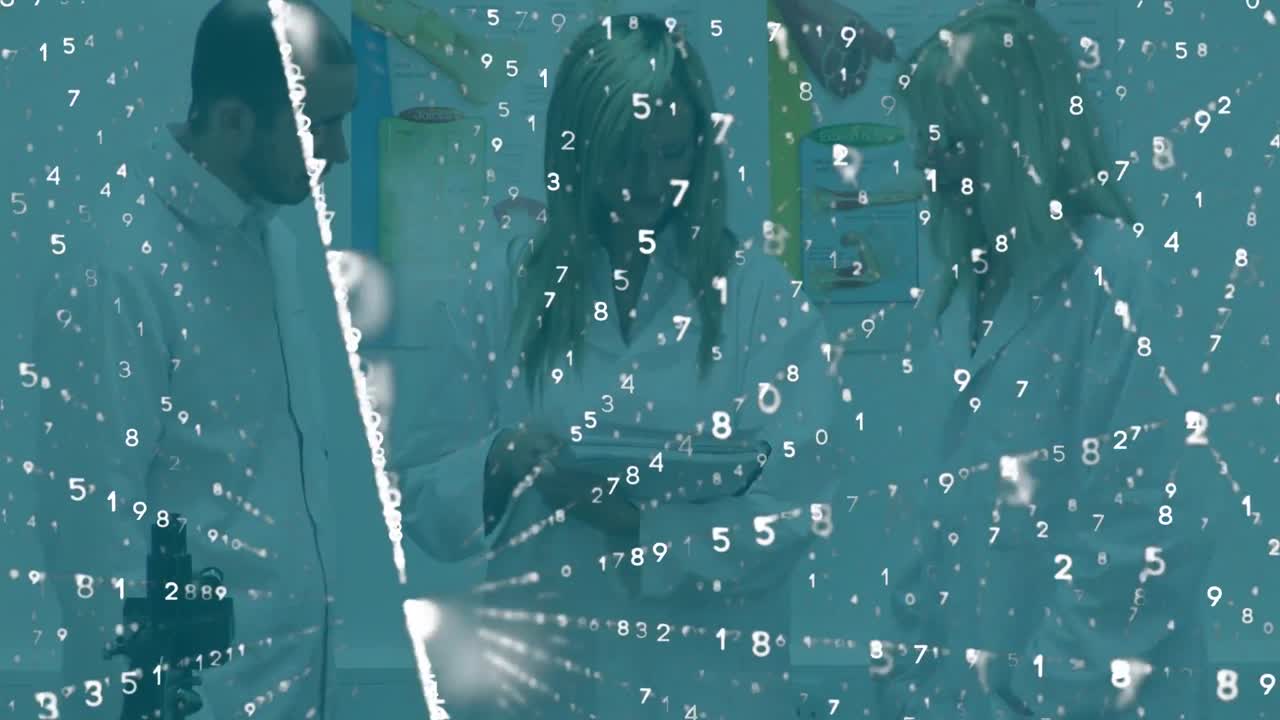 animación de números flotando sobre mujeres y hombres médicos caucásicos