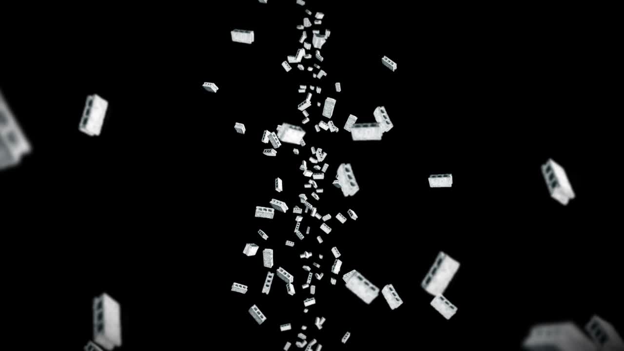 검은 바탕에 많은 콘크리트 벽돌을 날아. 소형 모델, 시멘트, 건설, 회색 블록의 3d 애니메이션 회전, 루프 애니메이션.