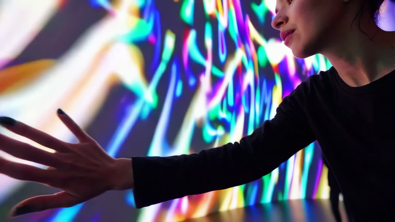 Persone con una vivace installazione luminosa di arte digitale.