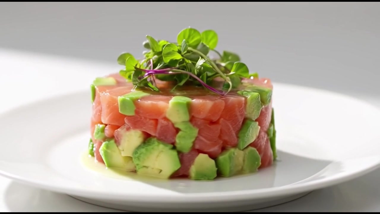 Frisk laks og avocadotartar på en hvid tallerken