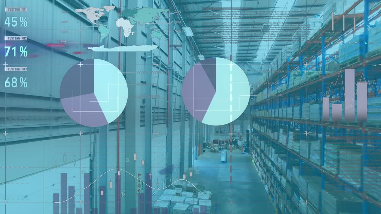 배경에 있는 창고의 공중 시야에 대한 인포그래픽 인터페이스의 애니메이션