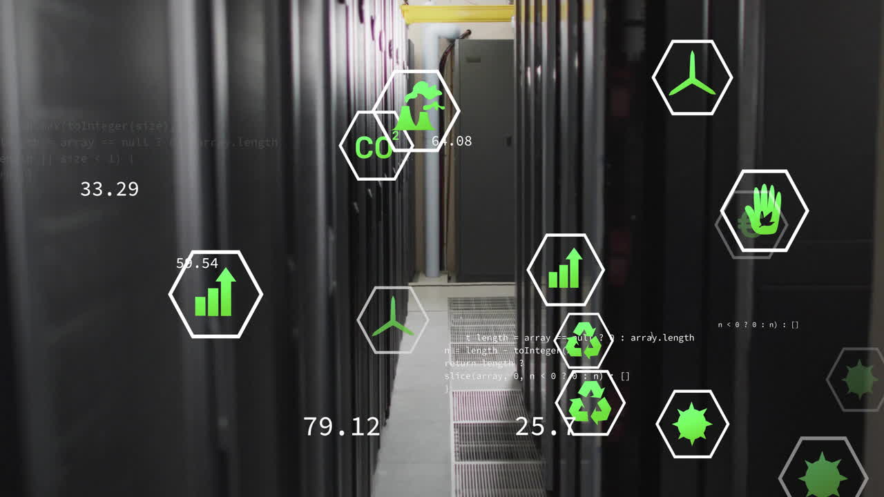 animación de iconos ecológicos y procesamiento de datos digitales a través de servidores informáticos