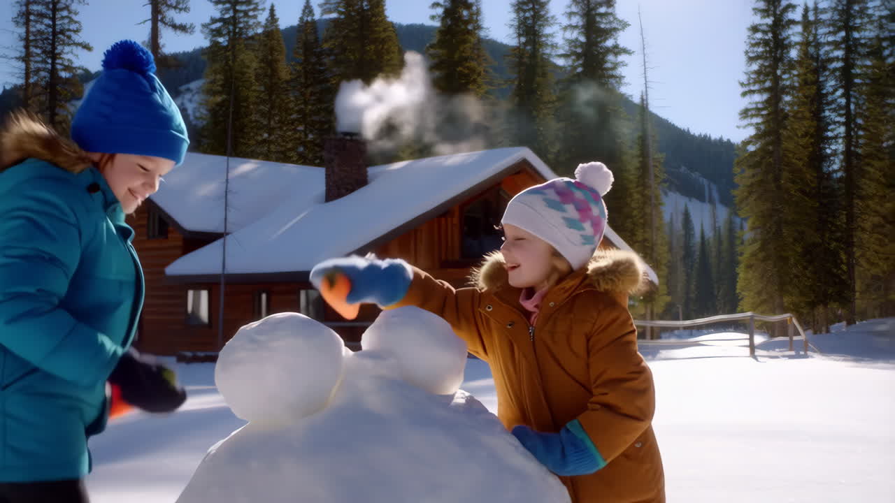 Children Building a Snowman in a Snowy Mountain Setting with a Cozy Cabin