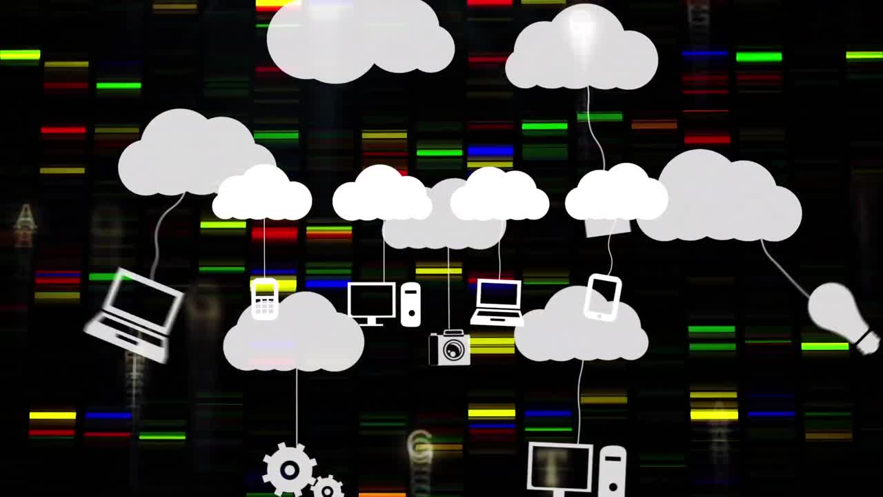 Animation of clouds with icons over moving columns and letters