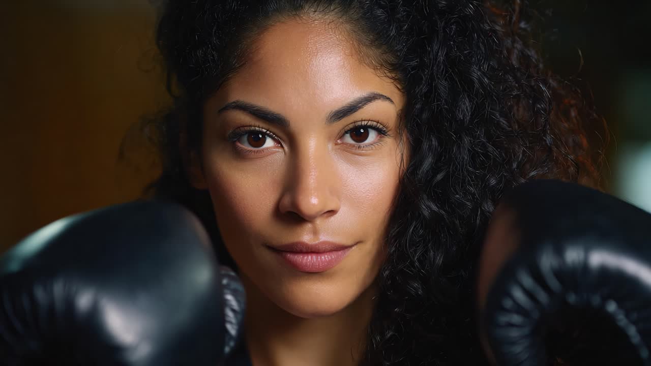 Concentrazione e determinazione: ritratto di una pugile sicura, pronta a salire sul ring e a combattere per la vittoria con un atteggiamento vincente e forza negli occhi