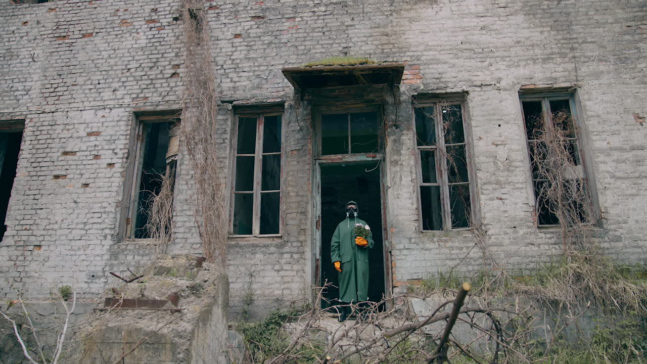 Man in biohazard suit with plant. Person in protective suit standing in ruined city.