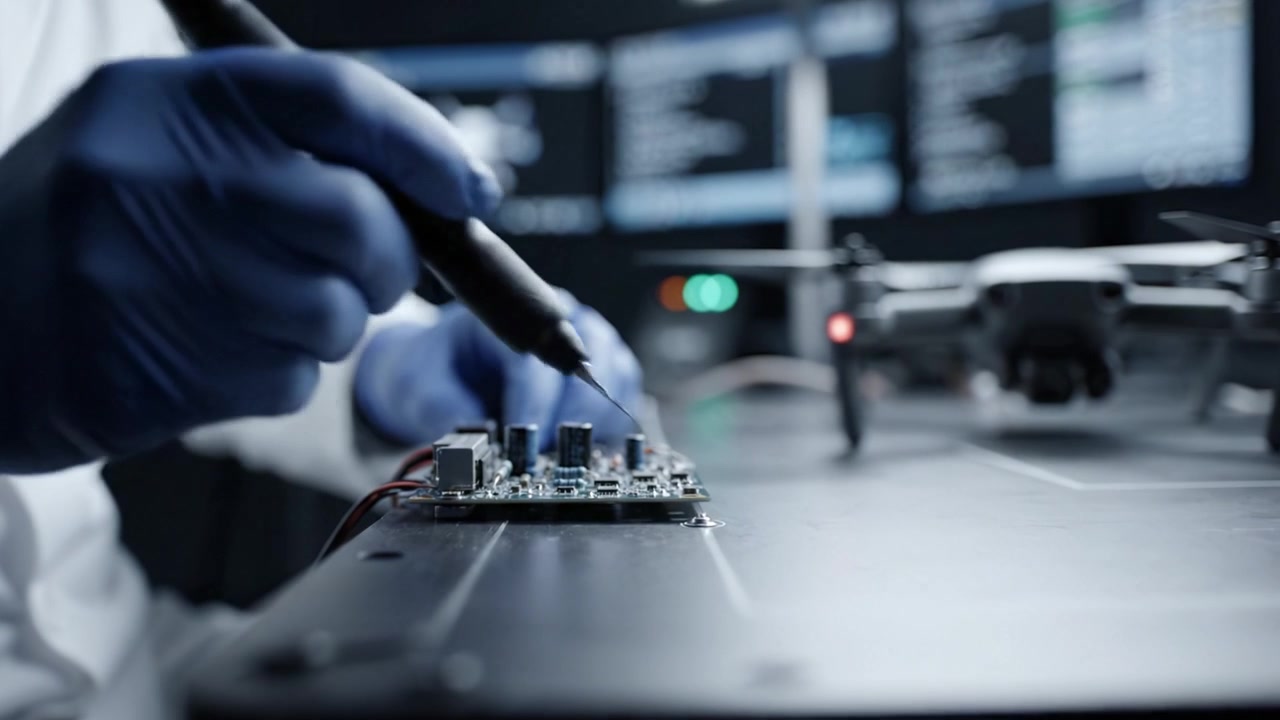 Technician Working on Circuit Board with Drone Components in Modern Lab Setting, Focused on Precision and Technology in Electronics Repair and Assembling Process