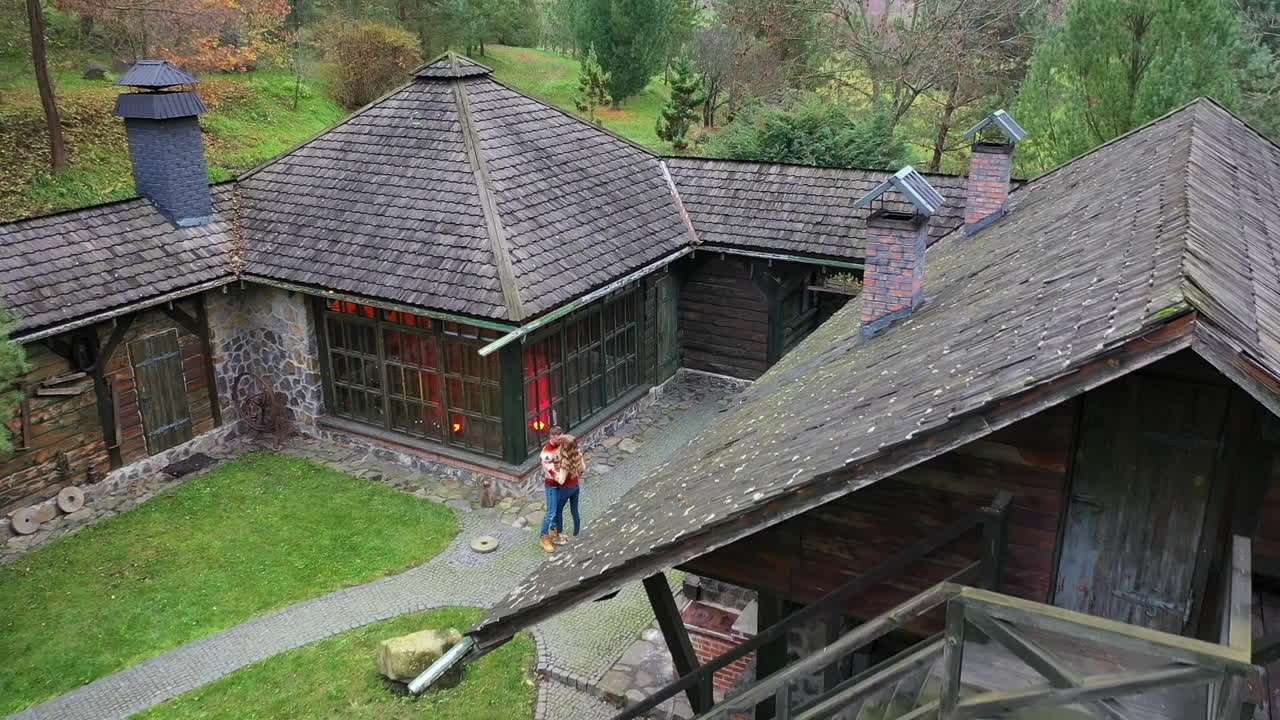 Rest area in village. Aerial drone view of autumn park in suburban area