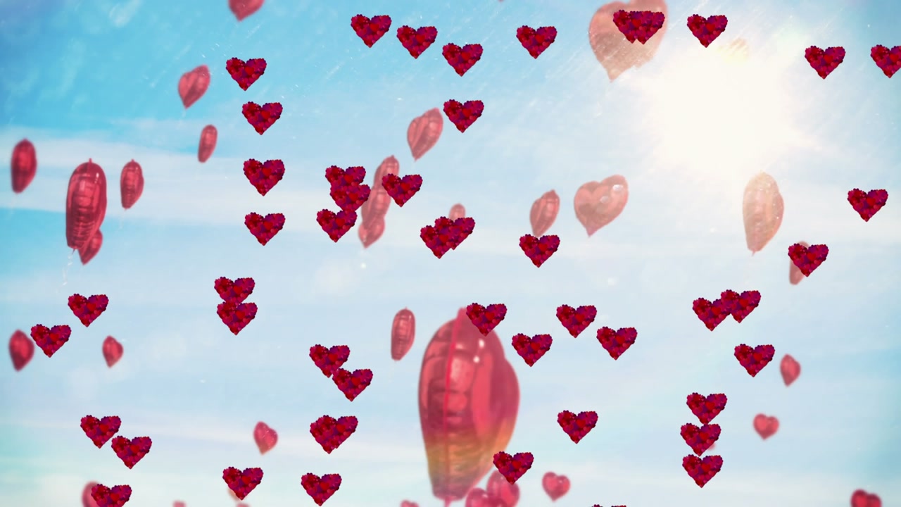Animation of hearts floating over sky