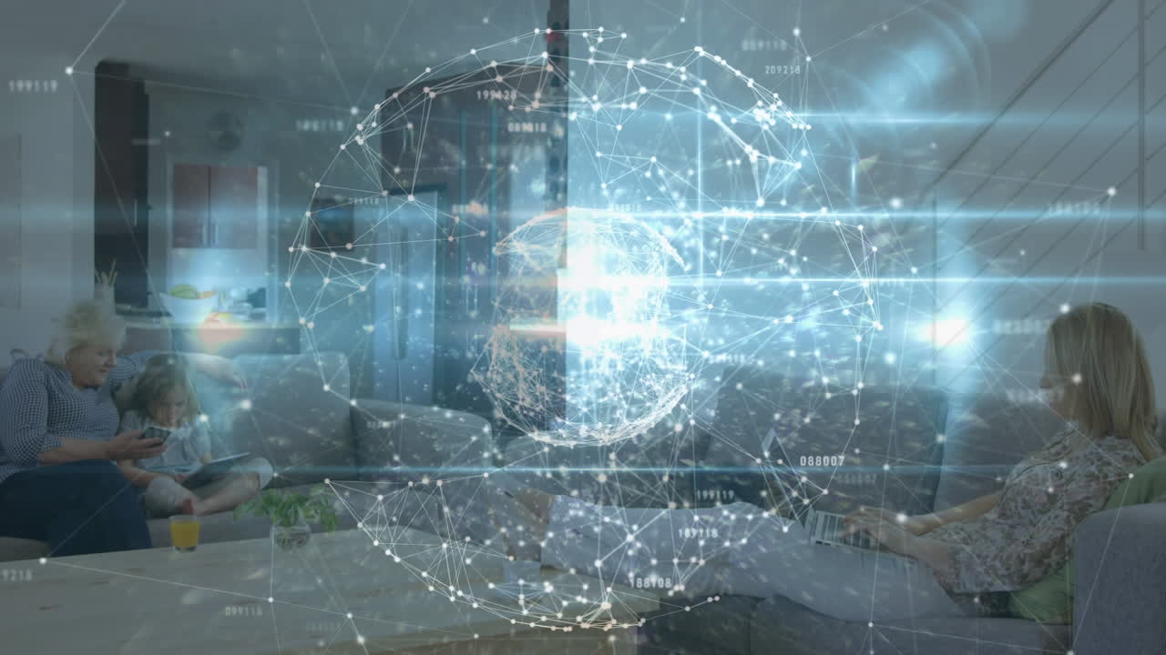 고령 여성과 손녀는 기기를 통해 전 세계적으로 연결되어 소셜 미디어의 범위를 보여줍니다.