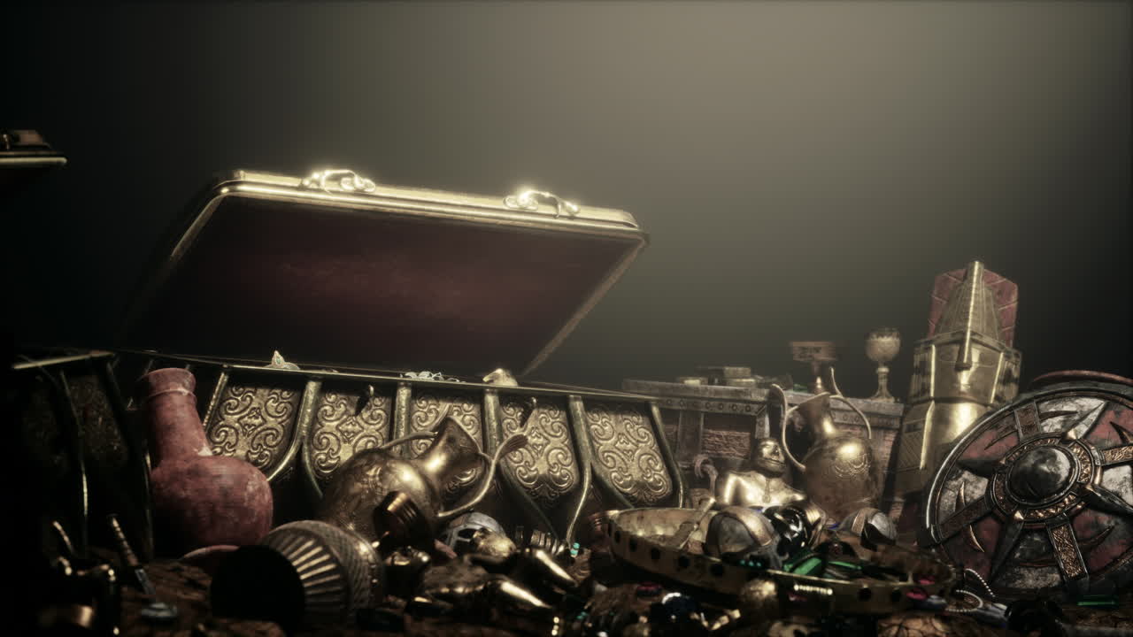 황금 동전 과 빈티지 보물 상자