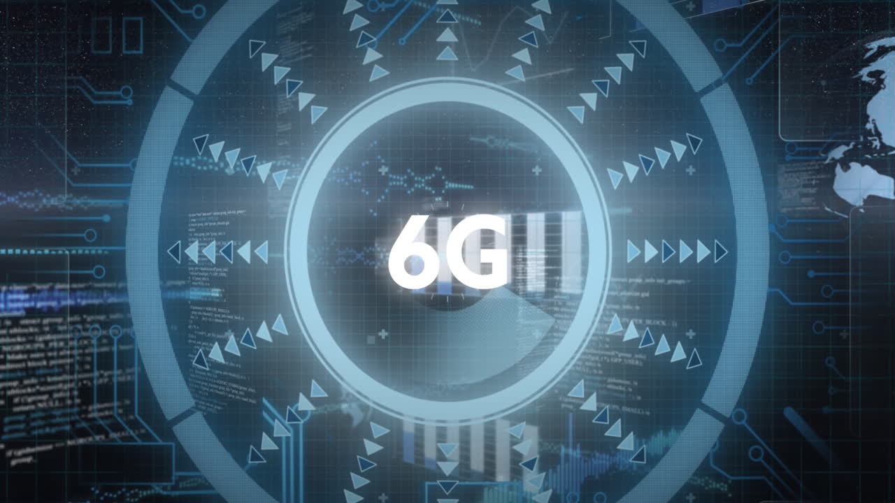 animación de texto de 6g y interfaz brillante con información que se mueve sobre un fondo oscuro