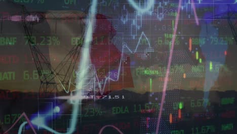 animation of financial data over flag of france and electricity poles at sunset