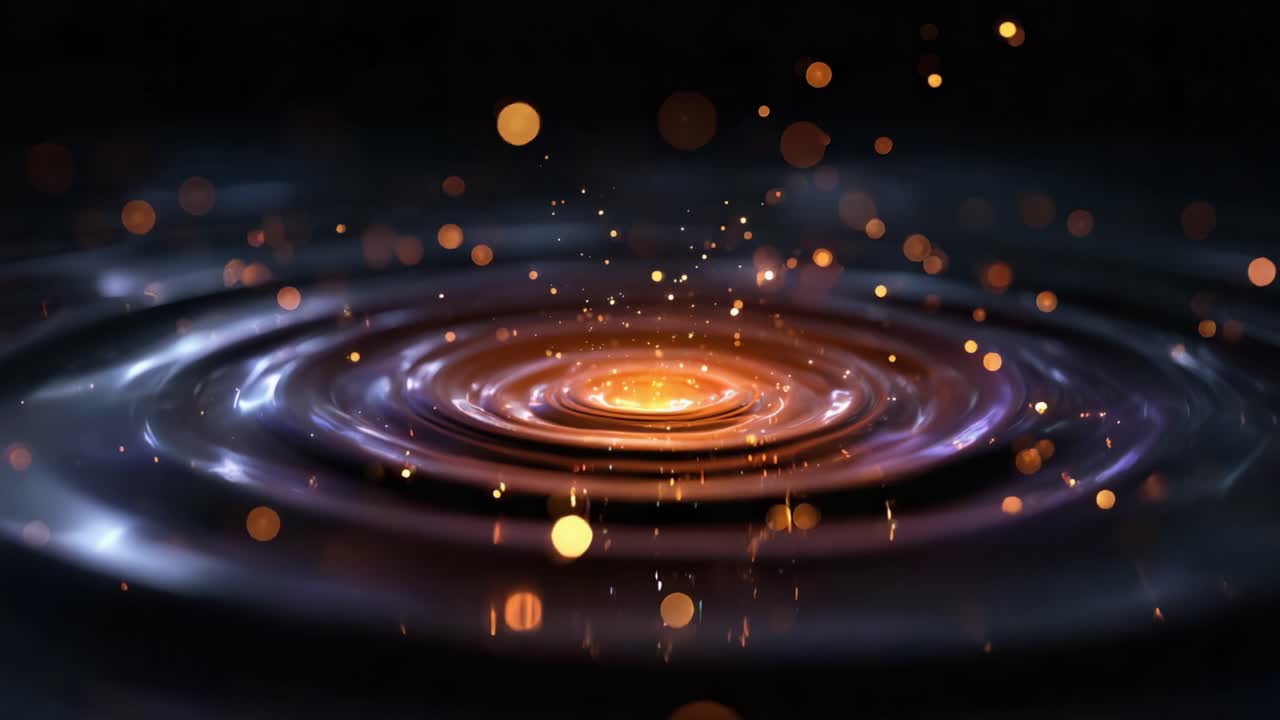 Captivating Ripple Effects in a Dark Environment with Sparkling Particles and Glowing Core, Illustrating Dynamic Motion and Intricate Light Patterns