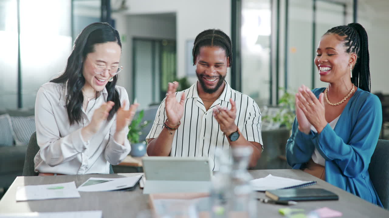Tablet, business people and applause in office to