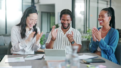 tablet, business people and applause in office to