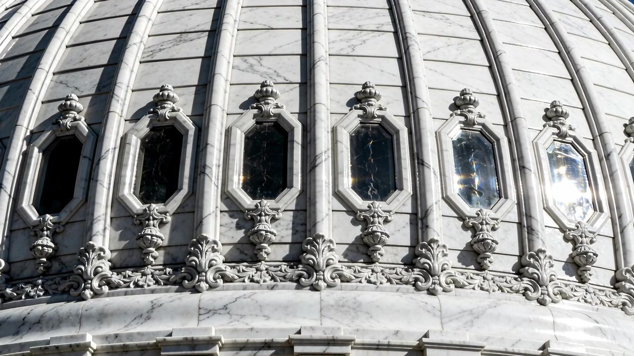 Telecamera che riprende una fascia di marmo su una cupola con il sole che si sposta, un bagliore appare sulla finestra ottagonale destra
