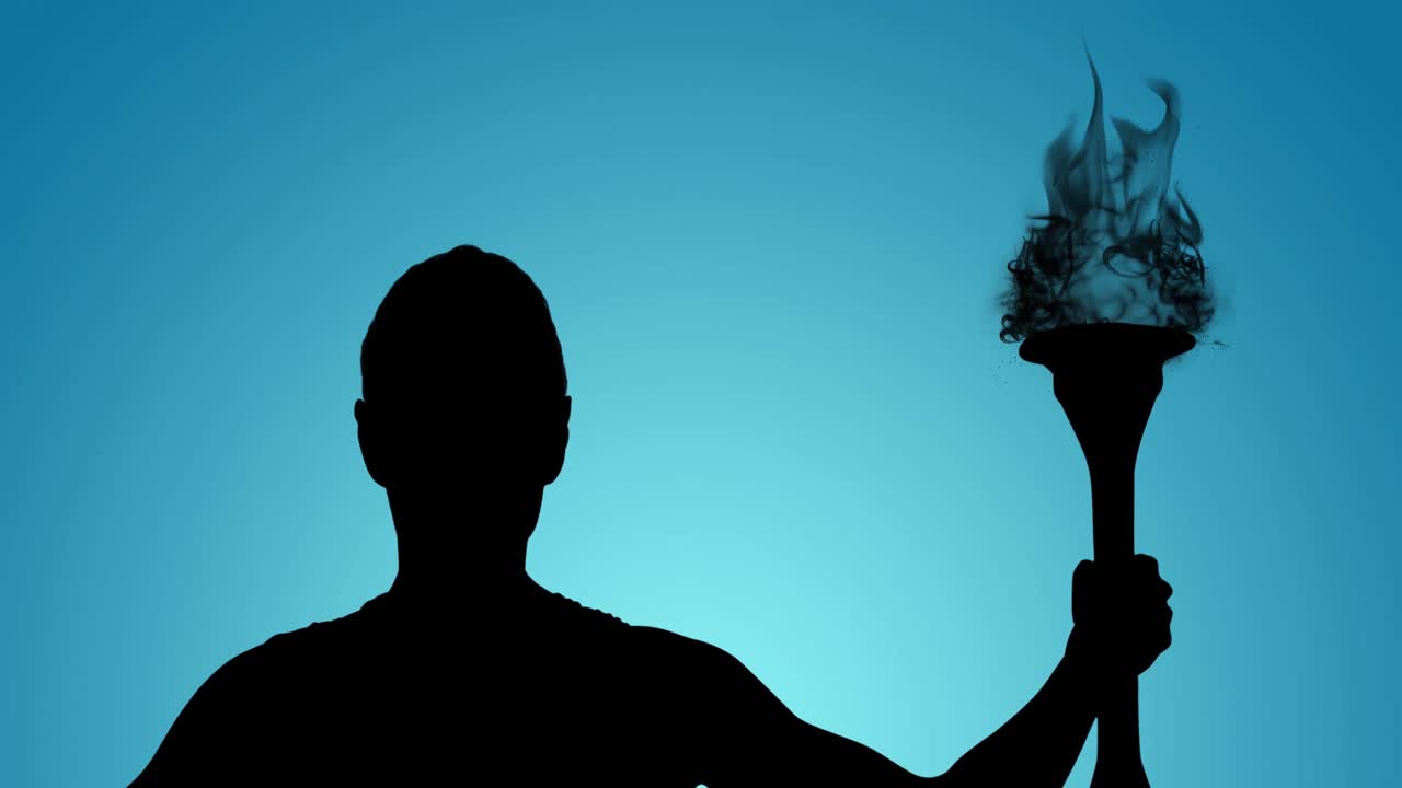 animación de la silueta de un atleta sosteniendo una antorcha en llamas sobre un fondo azul