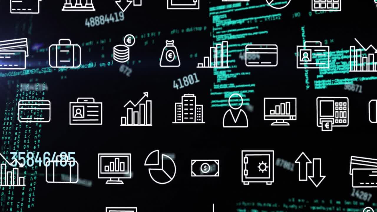 Animation of interface with multiple digital icons and data processing against black background