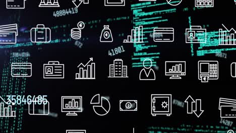 animación de la interfaz con múltiples iconos digitales y procesamiento de datos contra fondo negro