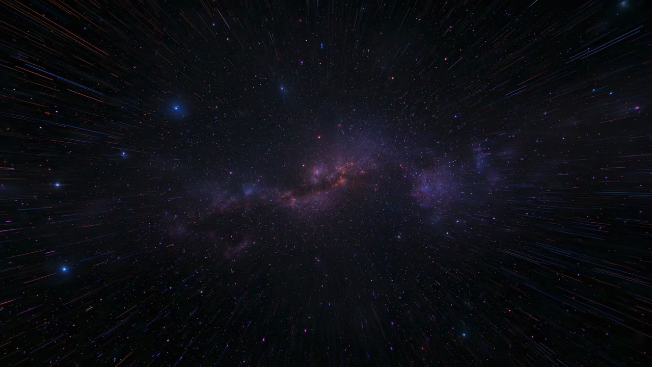 Sweeping camera tracking central purple nebula in deep space, showing red-orange points emerging