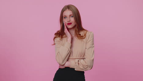 businesswoman girl touching cheek, closing eyes, expression of terrible suffer from dental problem