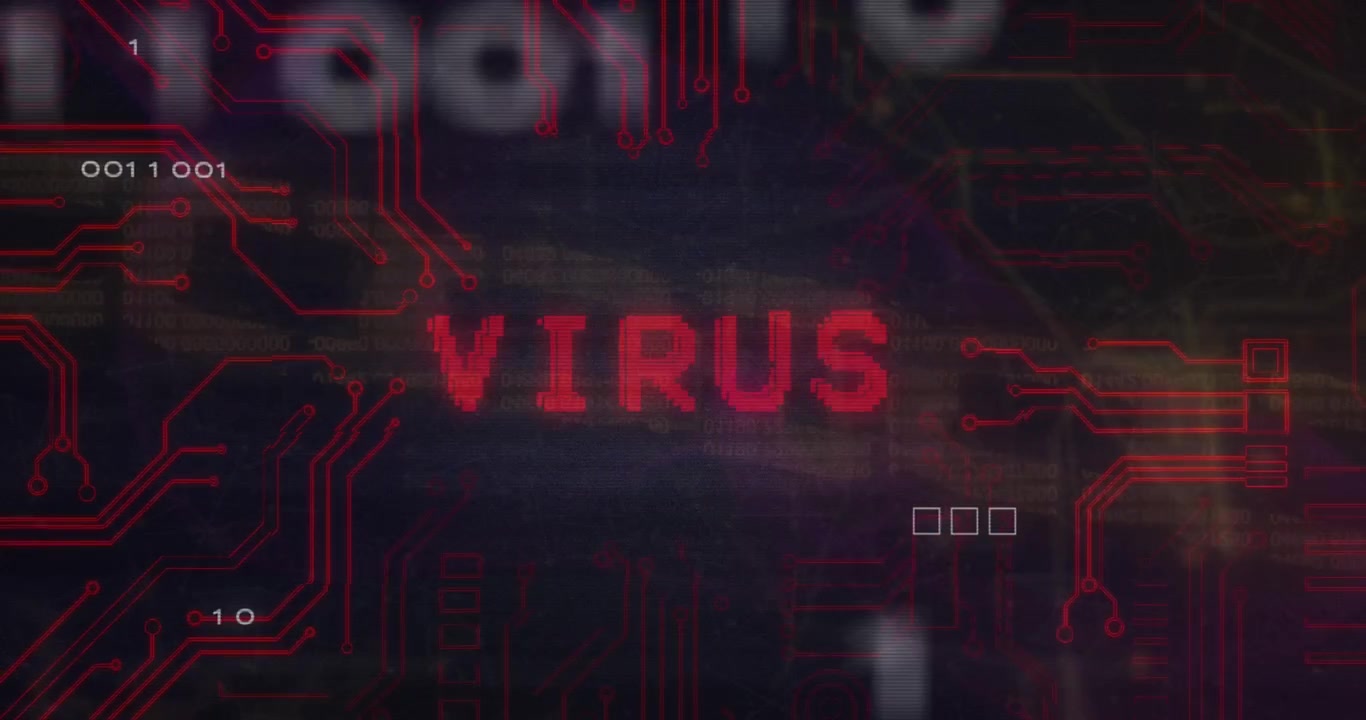 Animación de texto de virus y códigos binarios sobre un patrón de placa de circuito contra fondo negro