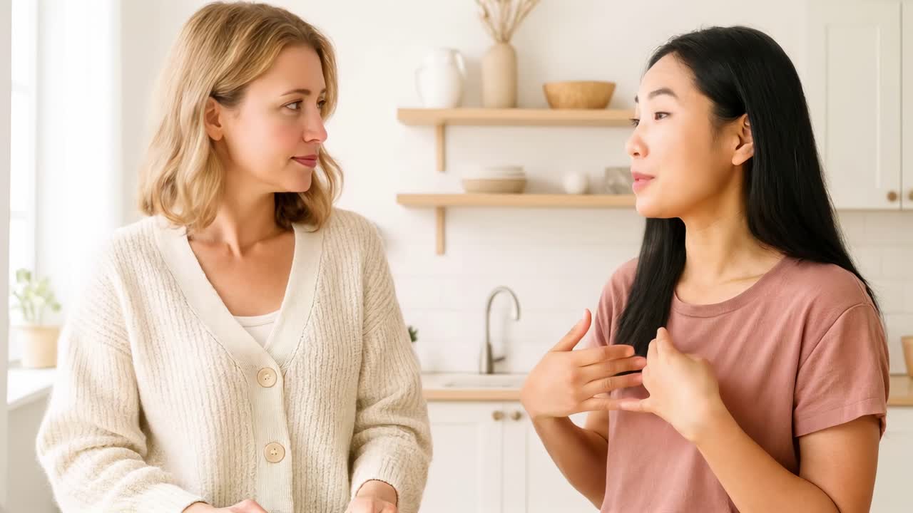 Two women engage in conversation in a bright kitchen The video captures them from a medium angle