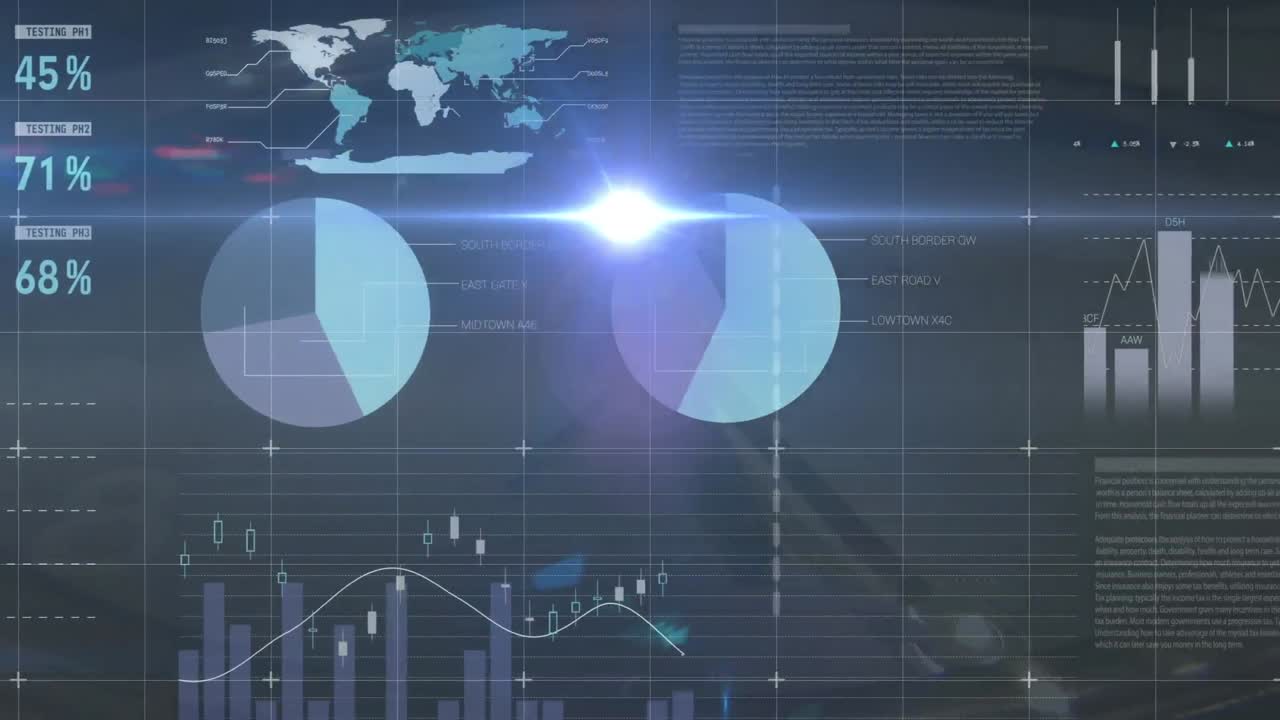 Animation of data processing and world map over clock and light spots