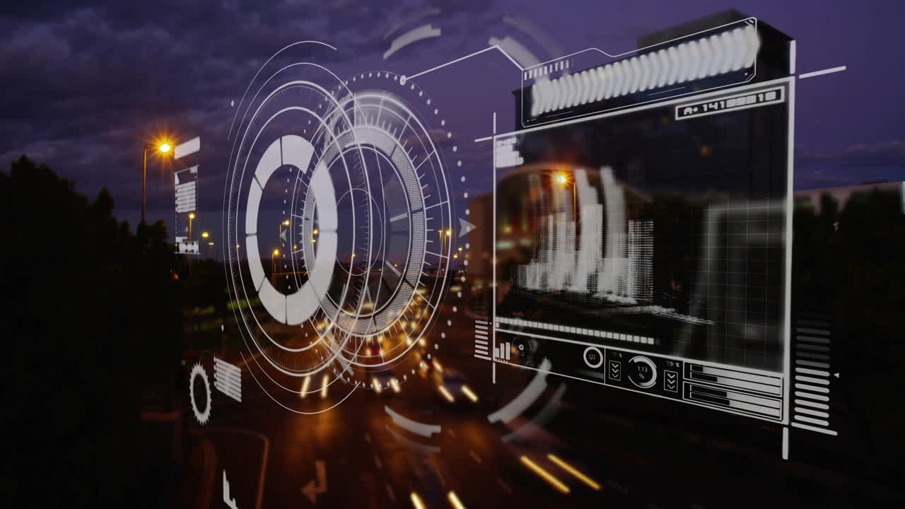 Futuristic digital interface animation over cityscape with blurred lights at night