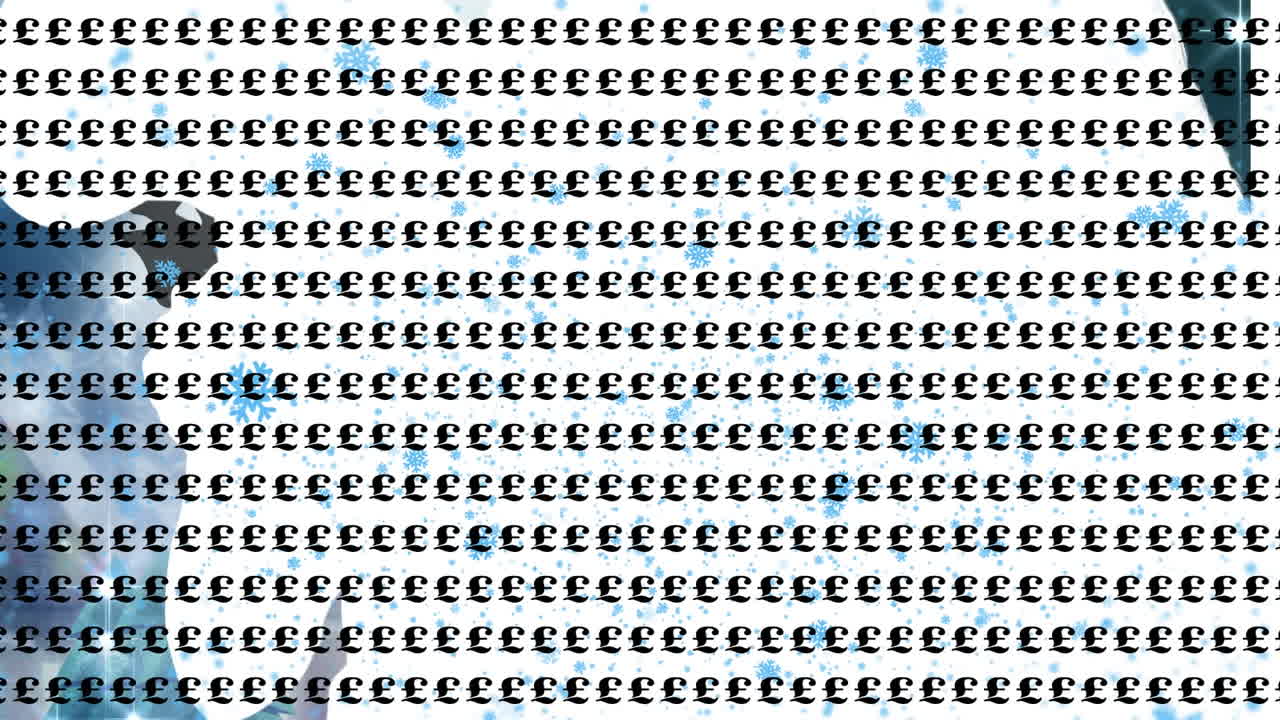 영국 파운드 표지판과 함께 대와 눈이 떨어지는 매에서 크리스마스 산타클로스의 애니메이션