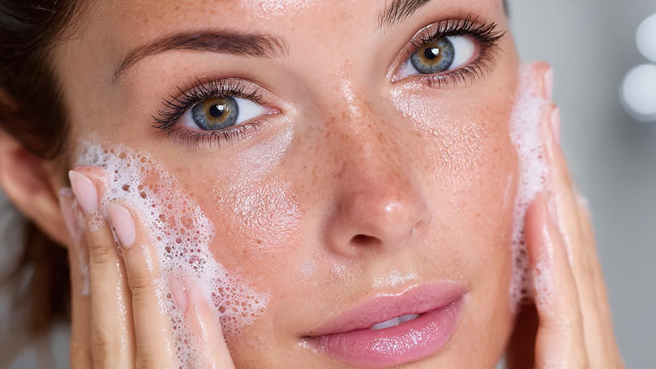 A Close-Up of Skincare Routine: A Young Woman Cleansing Her Face with Gentle Foam, Enhancing Natural Beauty and Radiant Skin with a Focus on Cleanliness