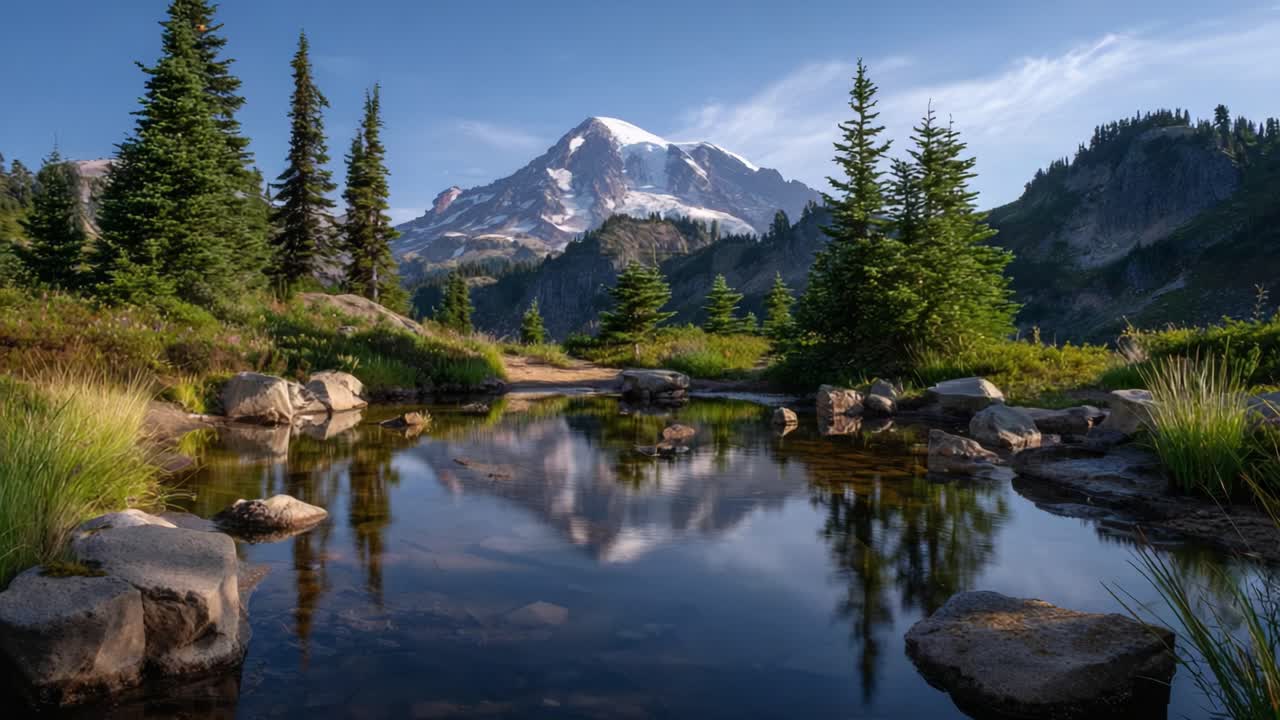 Majestic Mountain Reflections: A Serene Landscape of Pine Trees and Tranquil Waters Under a Clear Sky Capturing the Timeless Beauty of Nature's Majesty