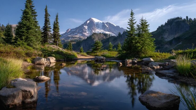 Majestic Mountain Reflections: A Serene Landscape of Pine Trees and Tranquil Waters Under a Clear Sky Capturing the Timeless Beauty of Nature's Majesty