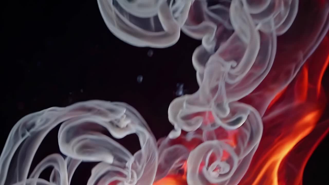 Close-up video of swirling smoke and flames against a dark background, capturing the dynamic