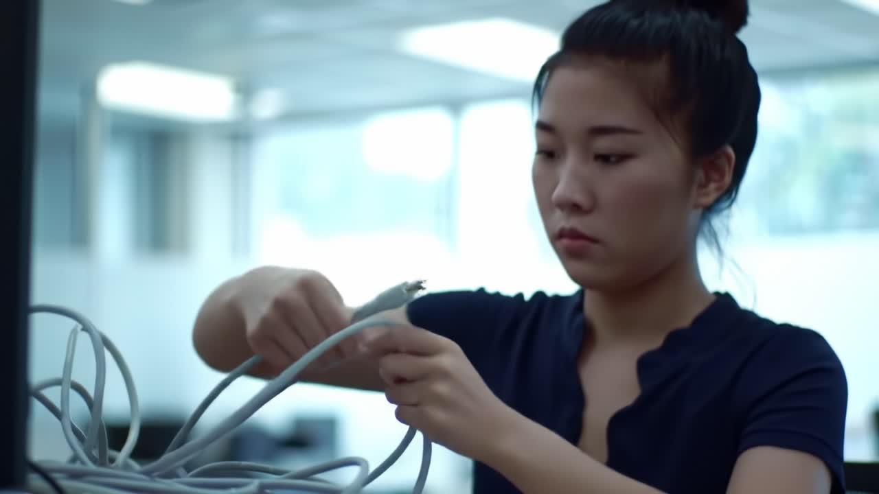 A Young Woman Methodically Organizing Cables in a Modern Office Environment, Focused on Her Task with Determination and Precision