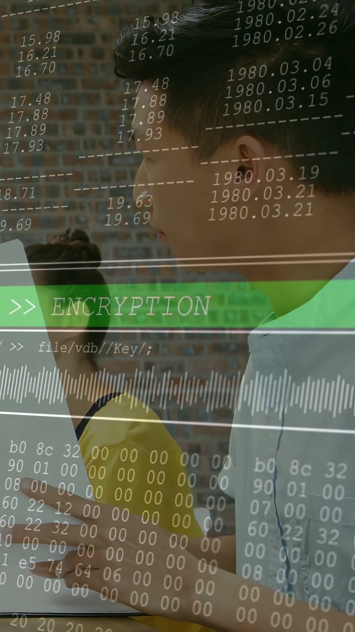 Vertical video: Male student raising hand while reading papers for class, ENCRYPTION bar obscuring
