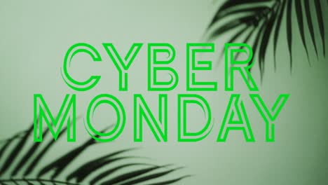 Animación-Del-Texto-De-Neón-Del-Cyber-Monday-Sobre-El-Primer-Plano-De-Las-Hojas.