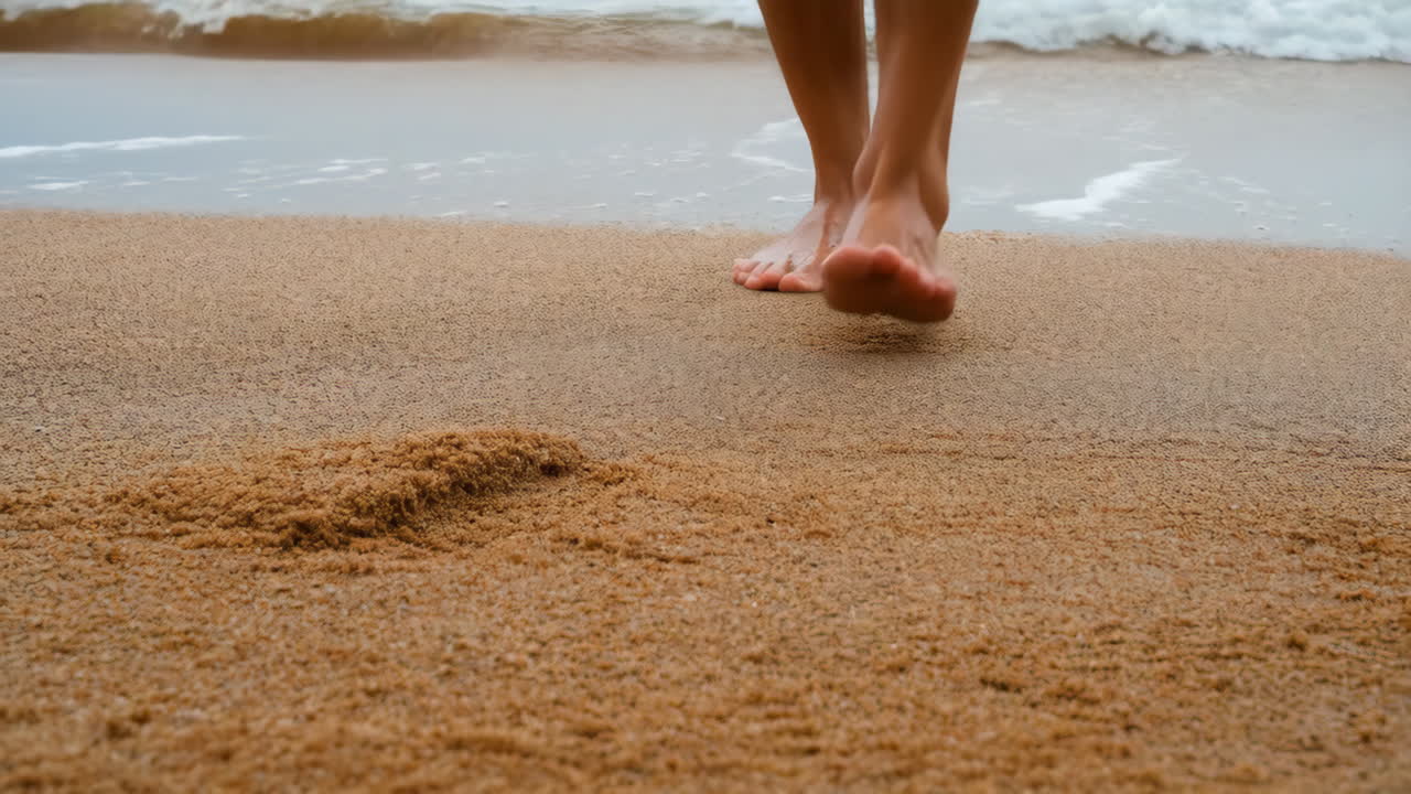 Person's bare feet walking on wet sand at the beach