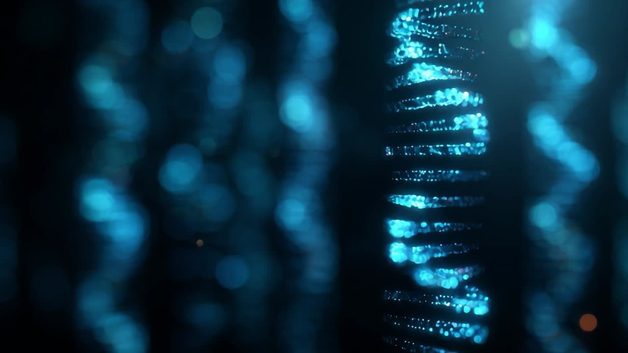 Glowing blue digital representation of DNA strands in a dark background