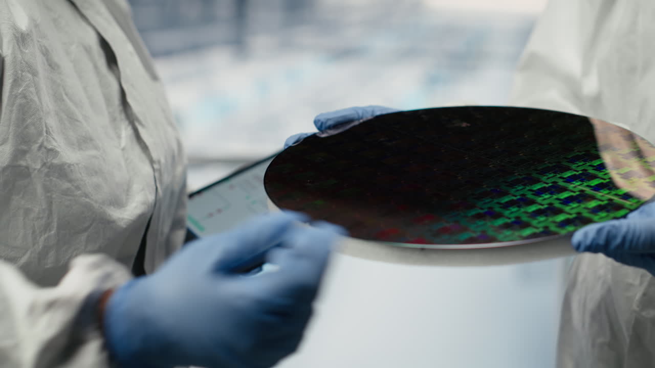 Microchip factory SOC architecture designers analyze semiconductor substrates