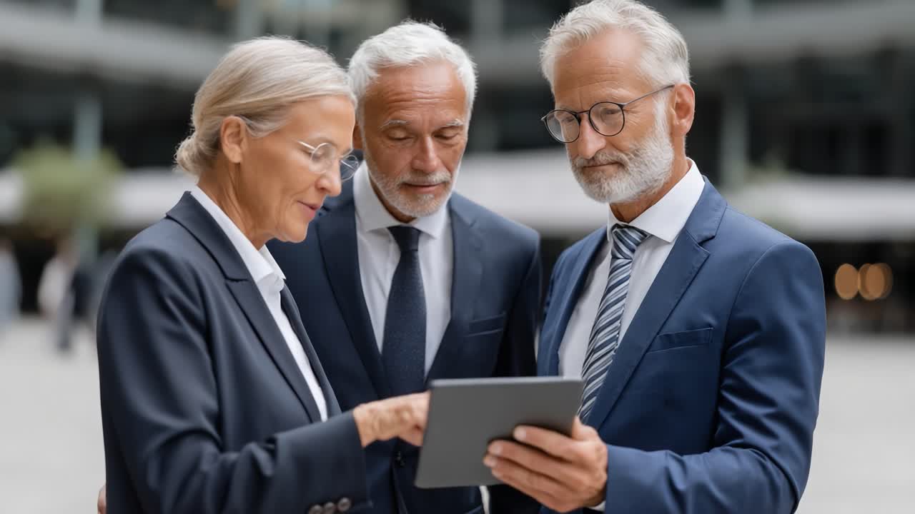 Business Professionals Engaged in Collaboration, Analyzing Data on a Tablet Outside in a Modern Urban Environment with a Focus on Communication and Strategy