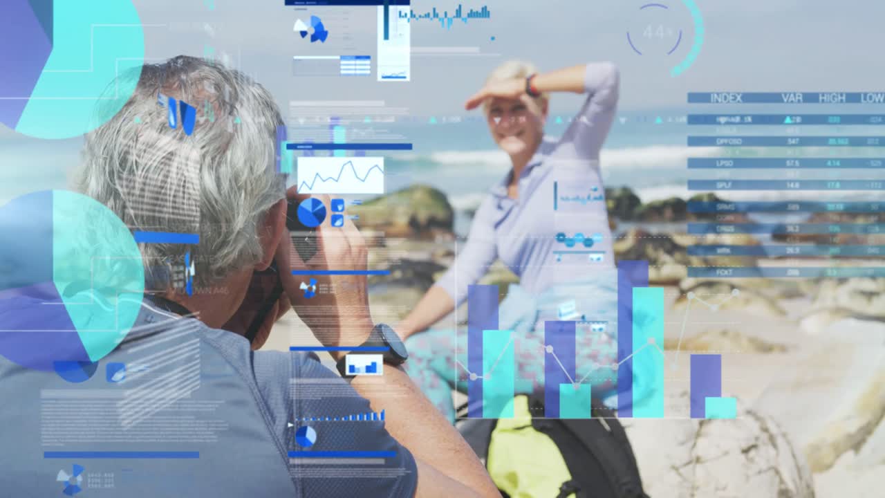 Uomo che solleva una reflex digitale e inquadra la scena, donna in posa sulle rocce mentre grafici di dati si animano per i viaggi.