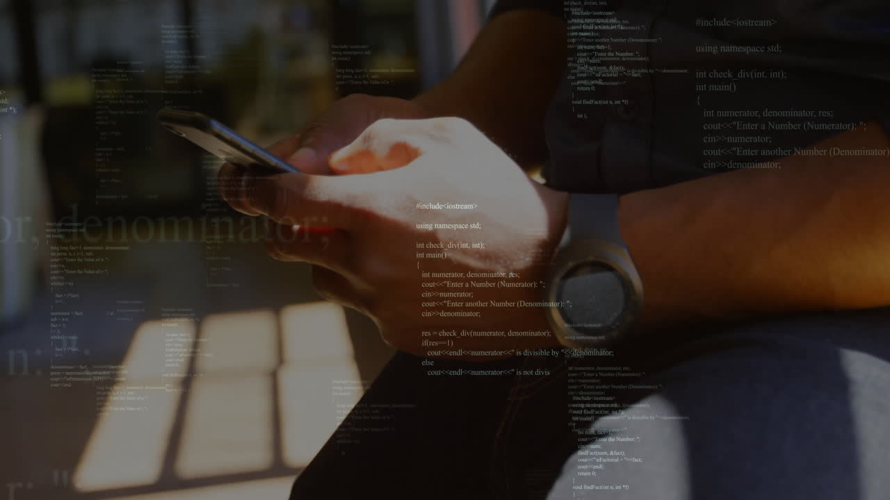 streaming C++ code overlay on smartphone while smartwatch catching sunlight grid shadows